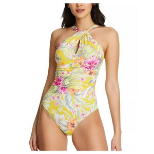 Bleu By Rod Beattie Paradiso High Neck One-Piece Swimsuit Yellow Size 6 3619